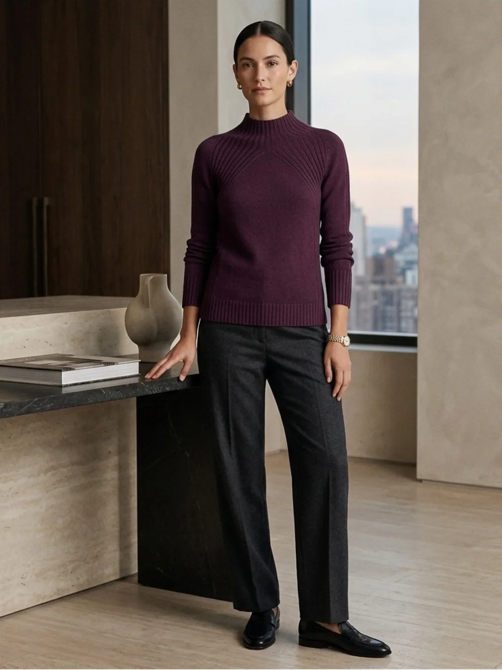 Talbots SP Merino Wool Blend Ribbed Mock Neck Sweater Burgundy Wine Minimalist